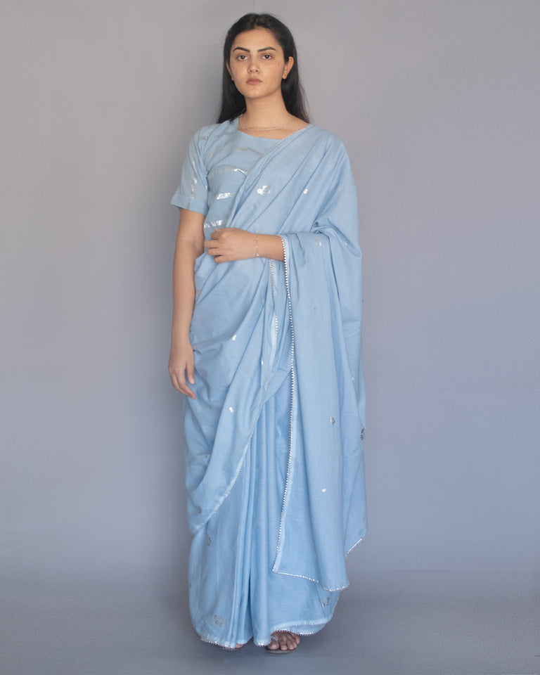 Load image into Gallery viewer, Powder Blue Foil Printed Cotton Saree