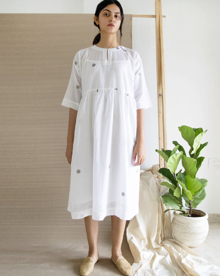 Load image into Gallery viewer, White Polka Drop Shoulder Dress with Free Slip