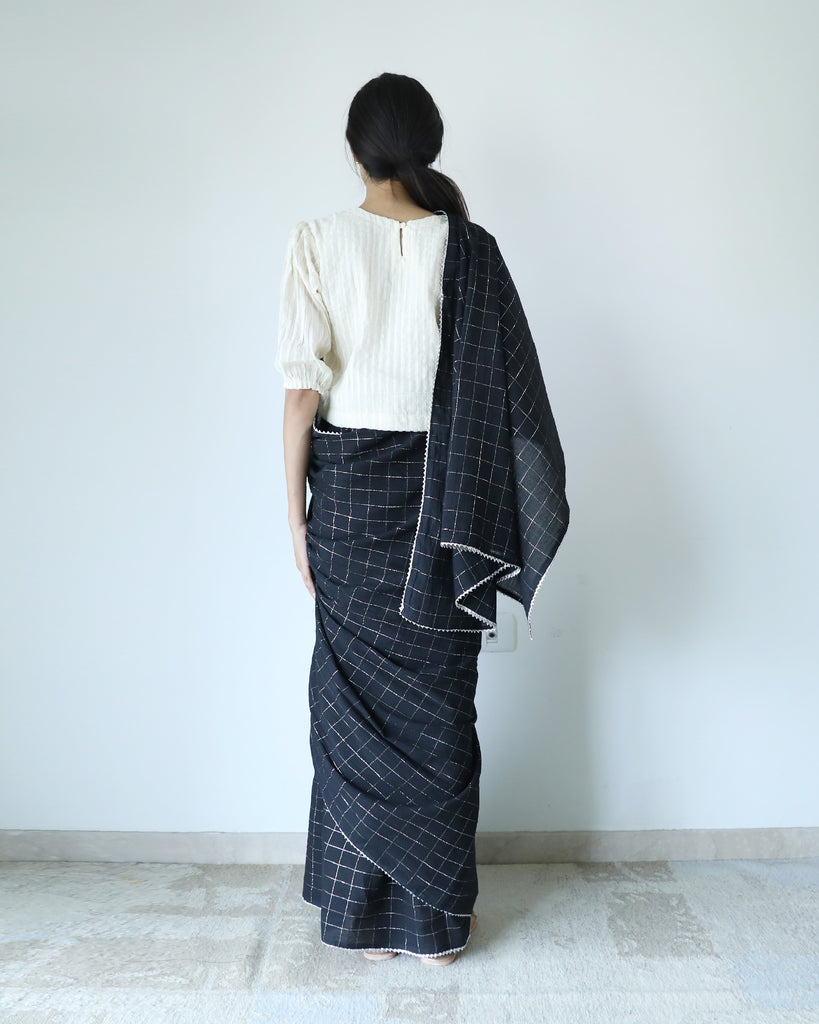 Black Cotton Checkered Saree