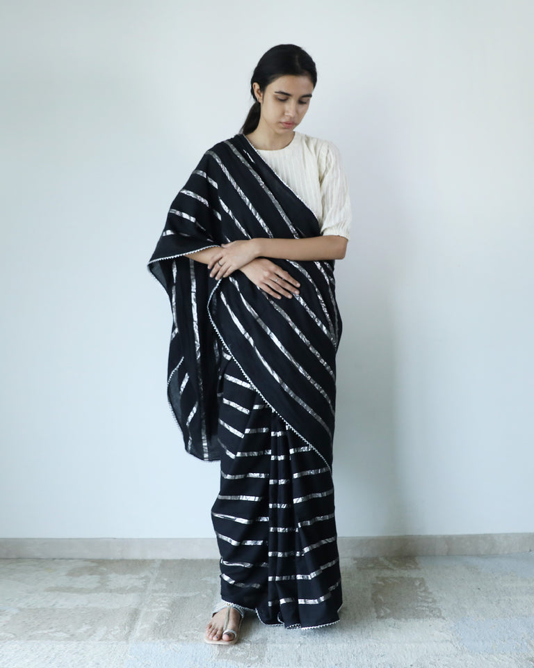 Load image into Gallery viewer, Black Zari Stripe Saree