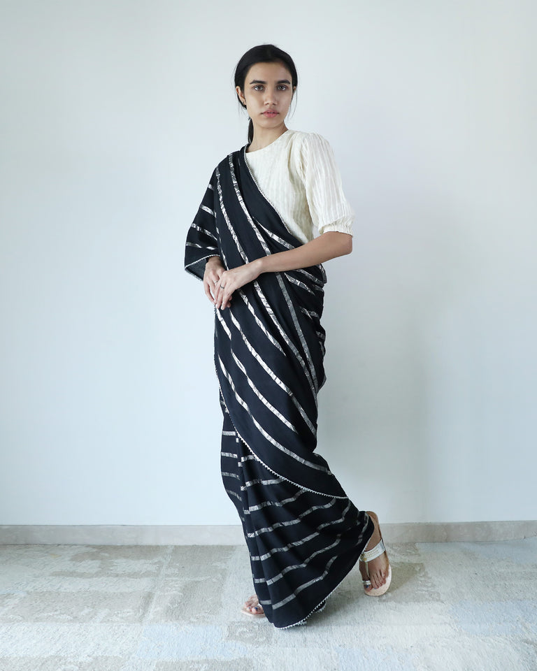 Load image into Gallery viewer, Black Zari Stripe Saree