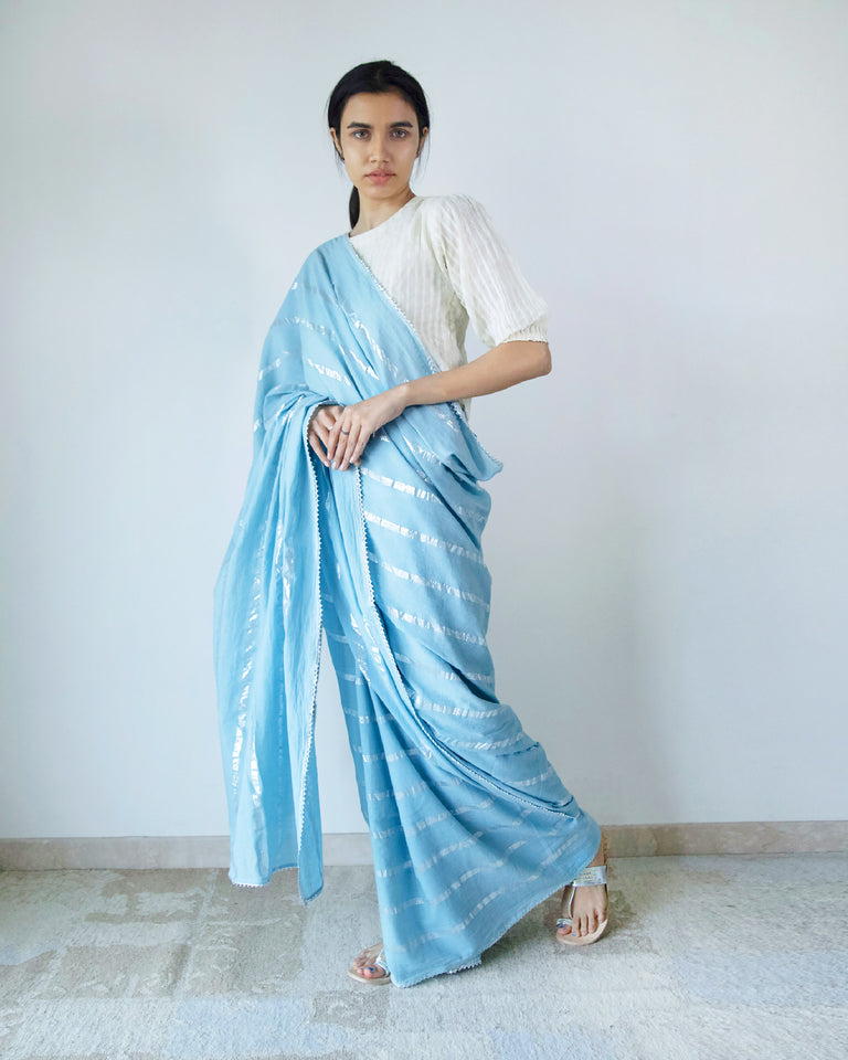 Load image into Gallery viewer, Blue Cotton Zari Stripe Saree