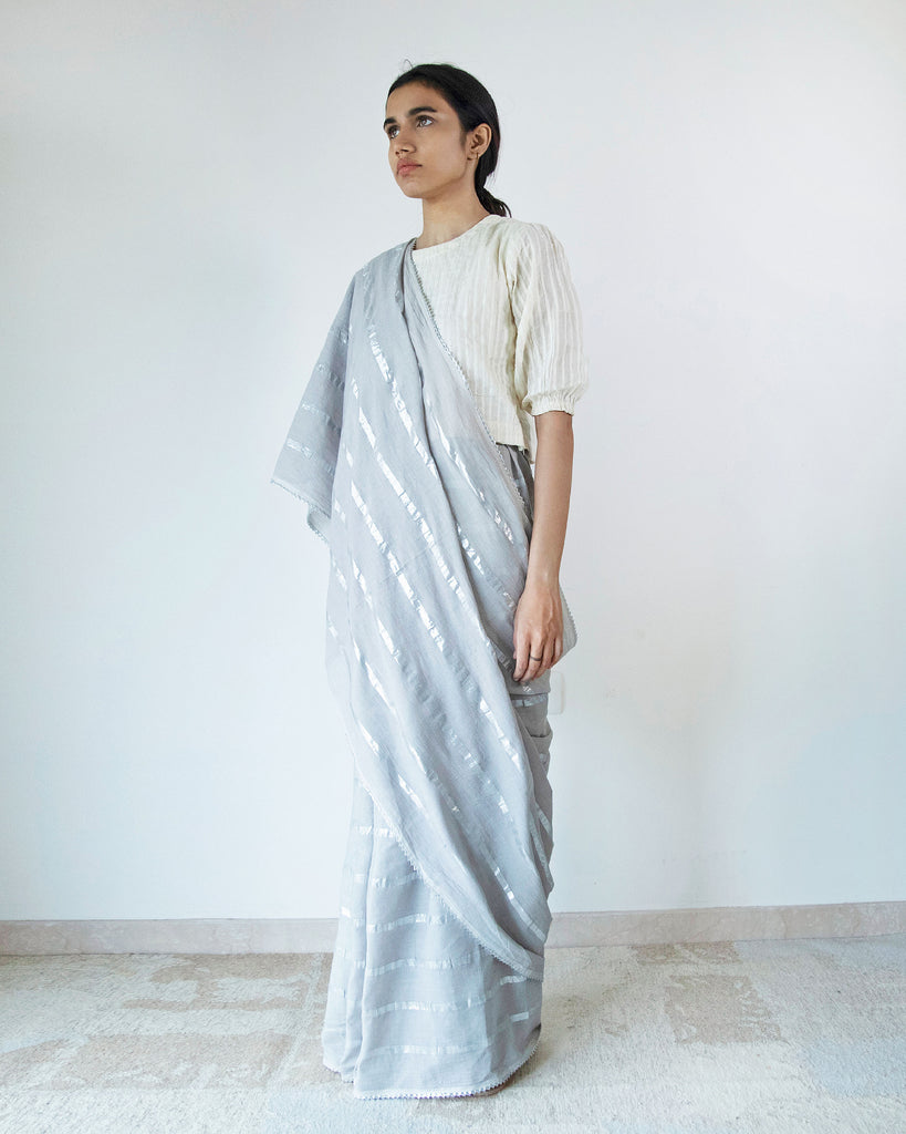Grey Cotton Stripe Saree