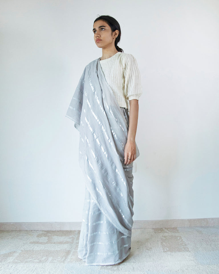 Load image into Gallery viewer, Grey Cotton Stripe Saree