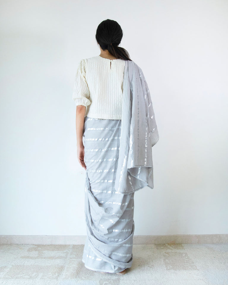 Load image into Gallery viewer, Grey Cotton Stripe Saree