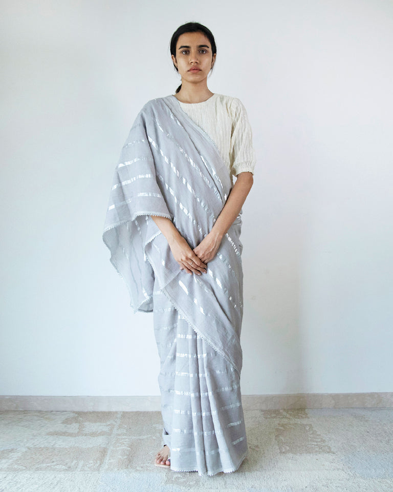 Load image into Gallery viewer, Grey Cotton Stripe Saree