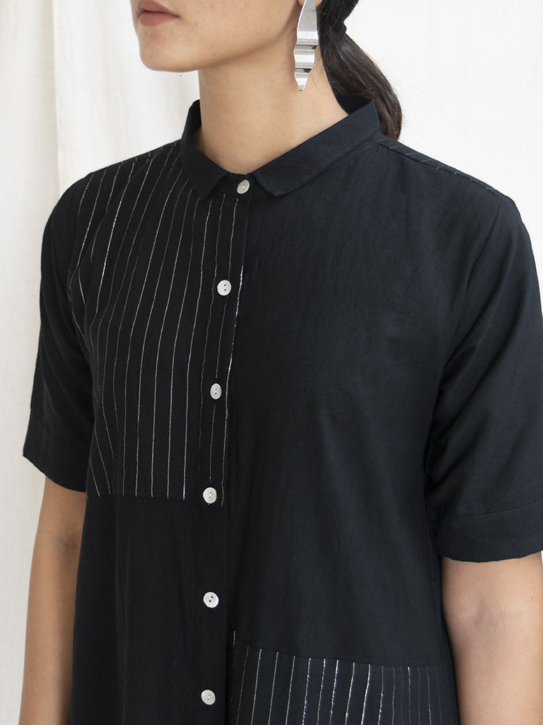 Black Cotton Zari Shirt Dress