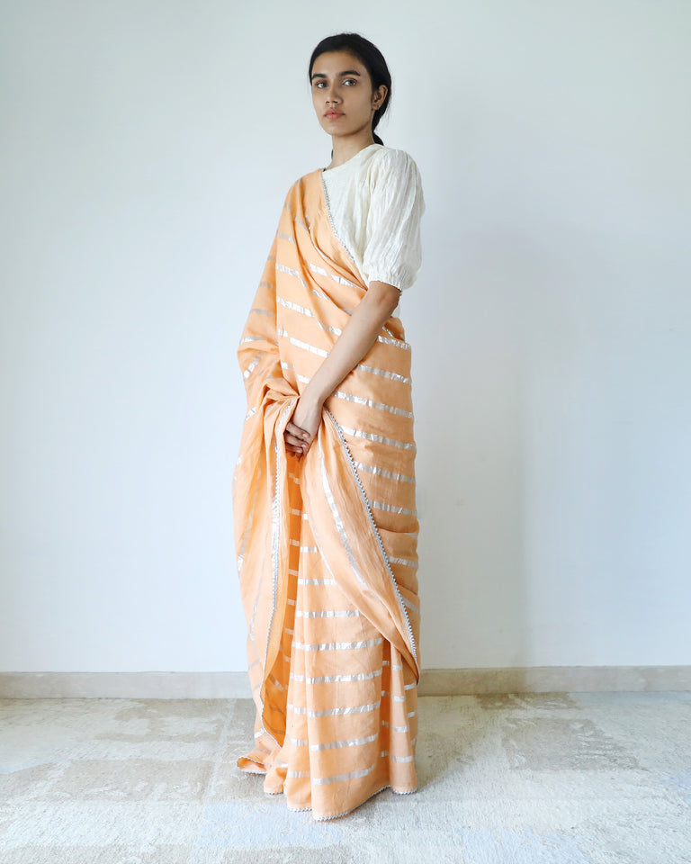 Load image into Gallery viewer, Melon Cotton Stripe Saree
