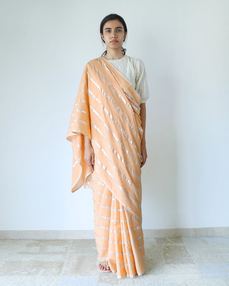 Load image into Gallery viewer, Melon Cotton Stripe Saree