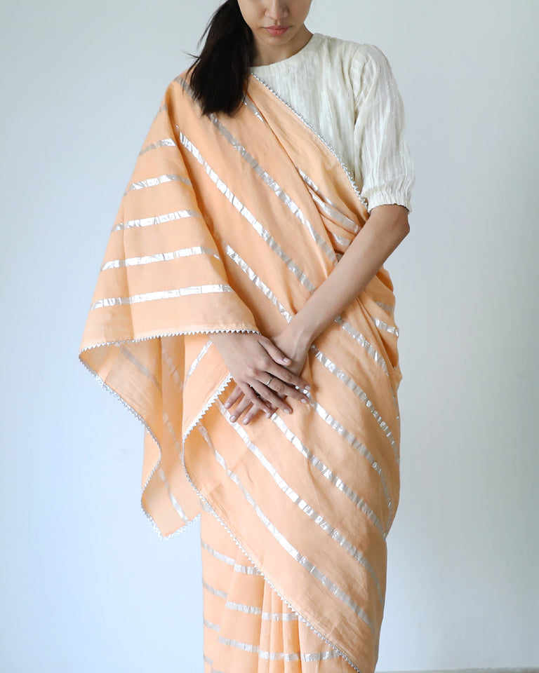 Load image into Gallery viewer, Melon Cotton Stripe Saree