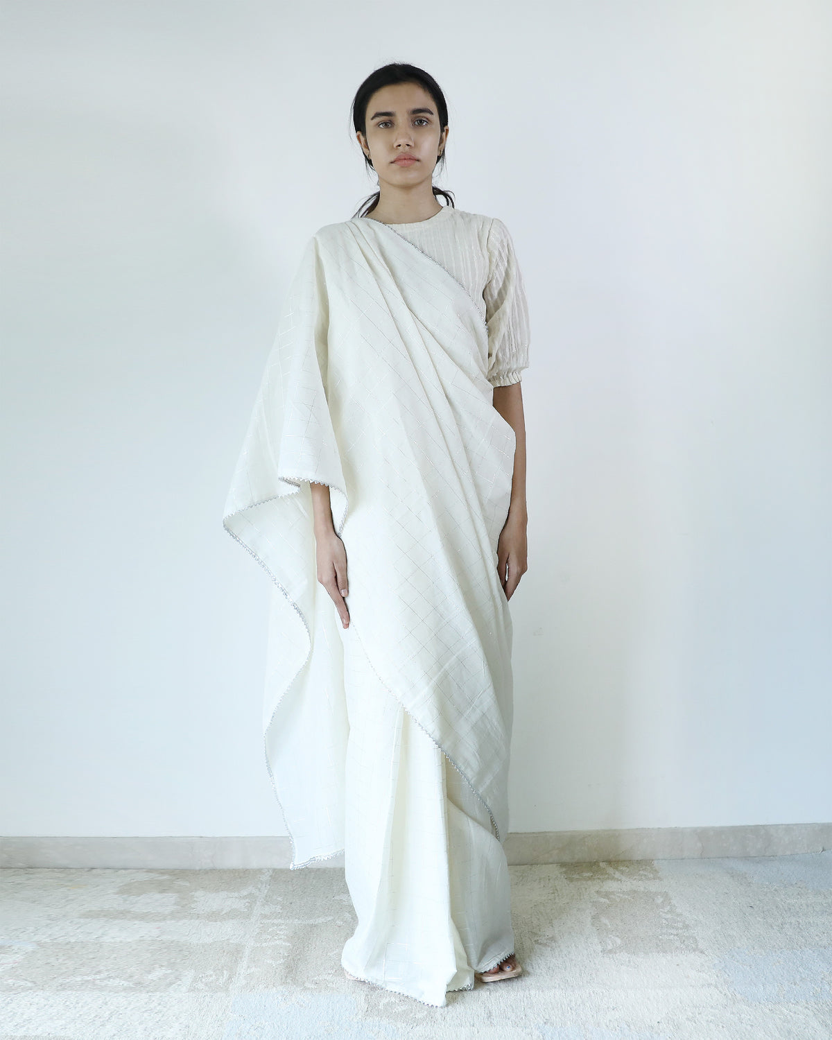 Ivory Cotton Checks Saree
