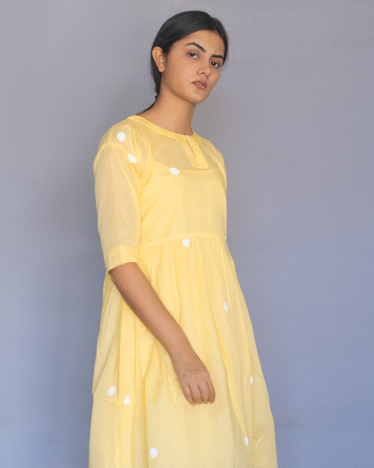 Load image into Gallery viewer, Yellow Polka Drop Shoulder Dress with Free Slip