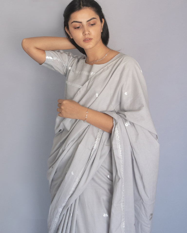 Load image into Gallery viewer, Grey Foil Printed Cotton Saree
