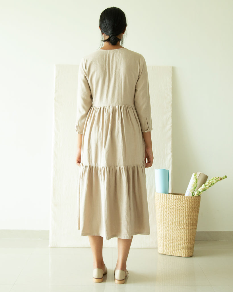 Beige Three Tier V Neck Dress