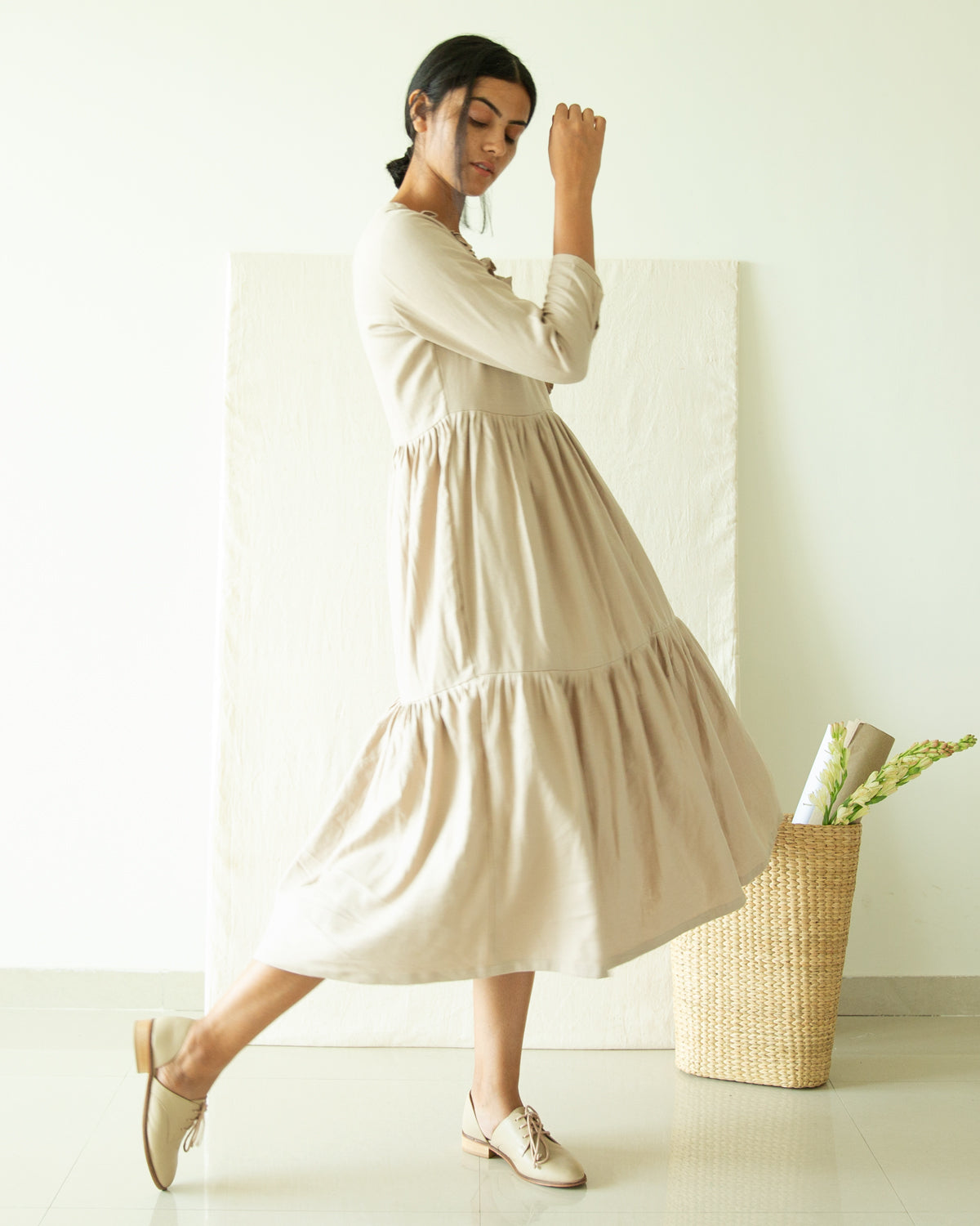 Beige Three Tier V Neck Dress