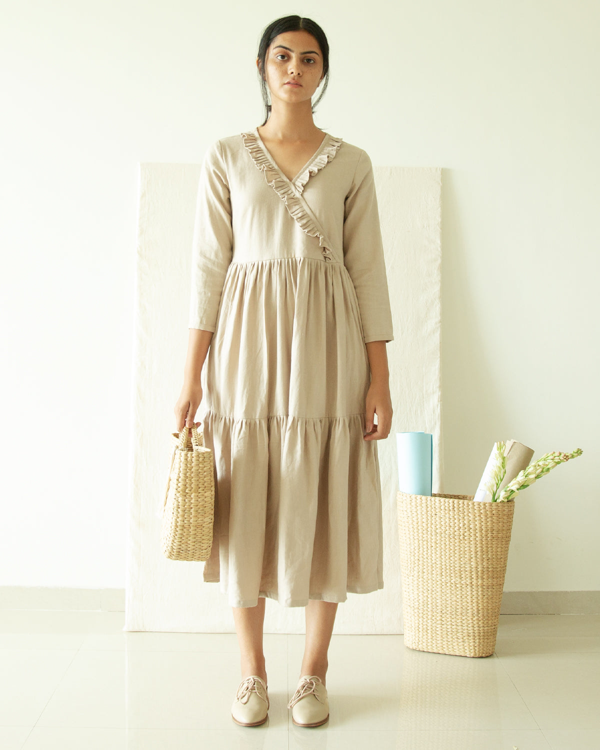 Beige Three Tier V Neck Dress