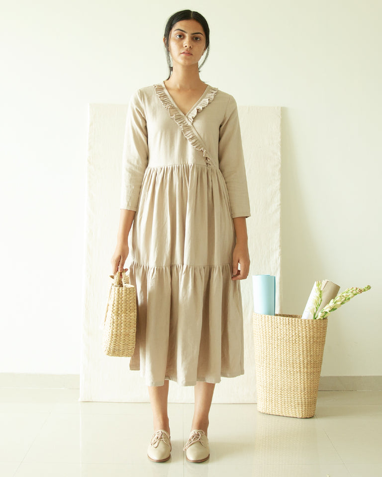 Load image into Gallery viewer, Beige Three Tier V Neck Dress