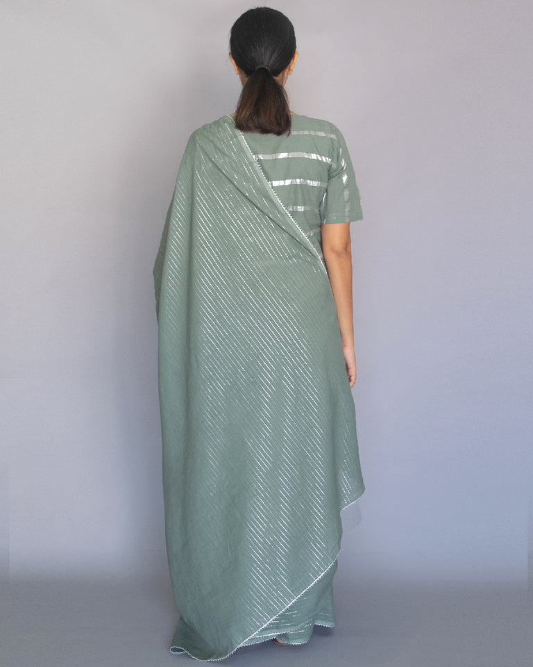 Load image into Gallery viewer, Sage Green Cotton Zari Saree