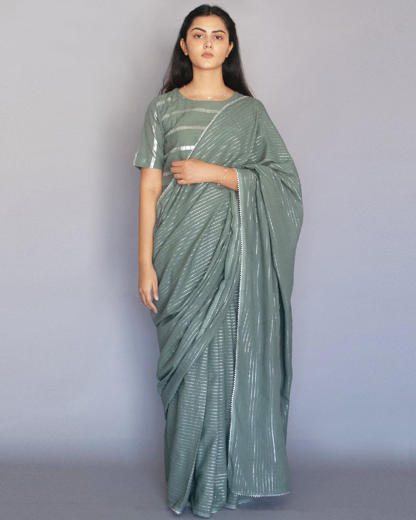 Sage Green Cotton Zari Saree