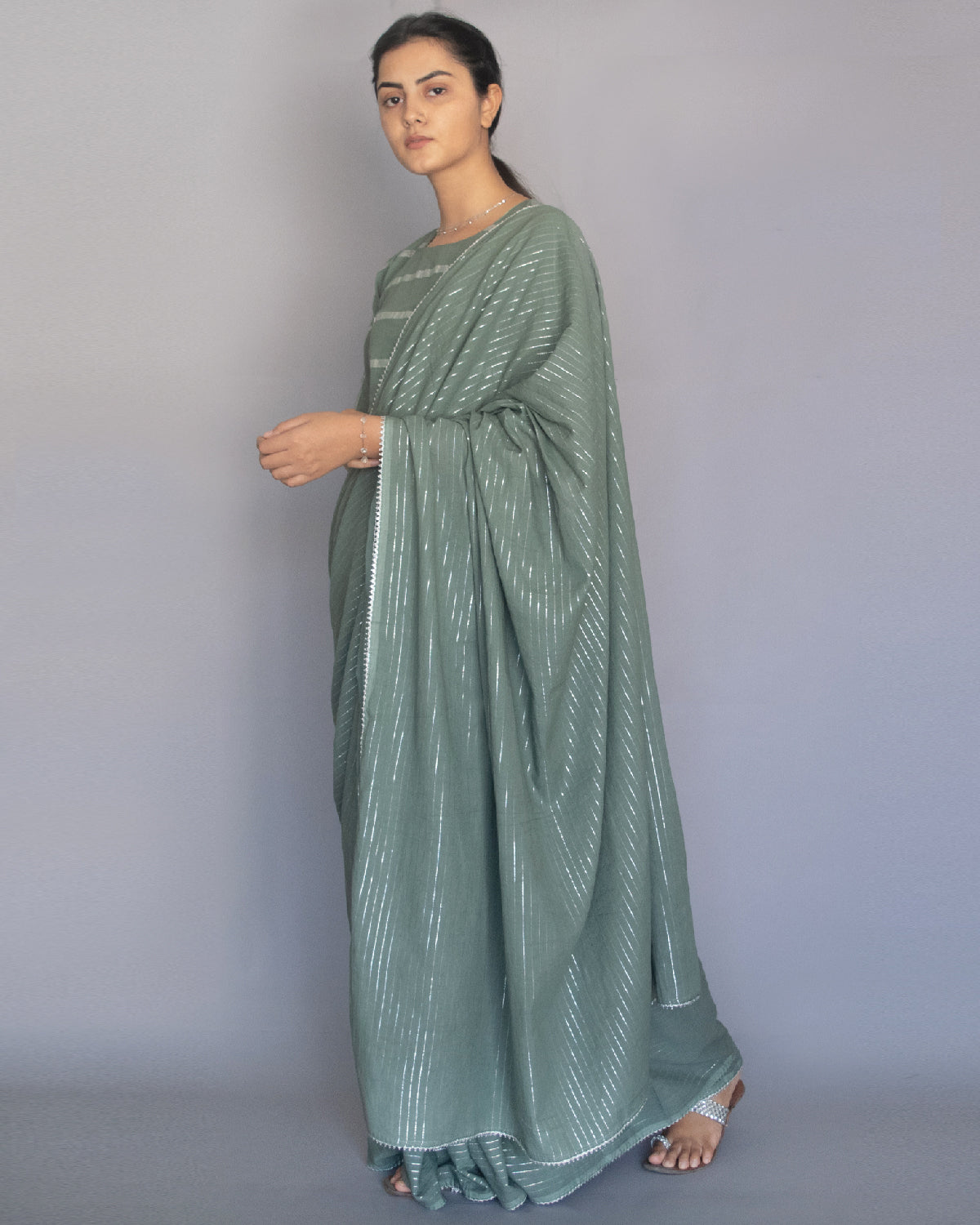 Sage Green Cotton Zari Saree