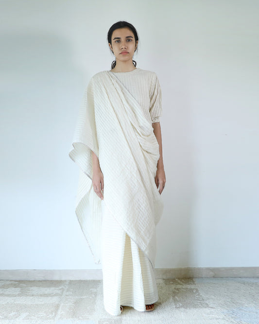 Ivory Cotton Stripe Saree