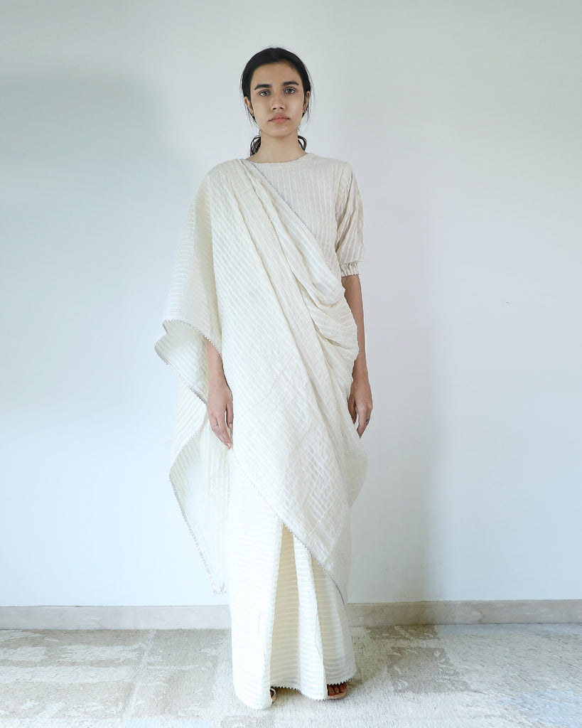 Ivory Cotton Stripe Saree