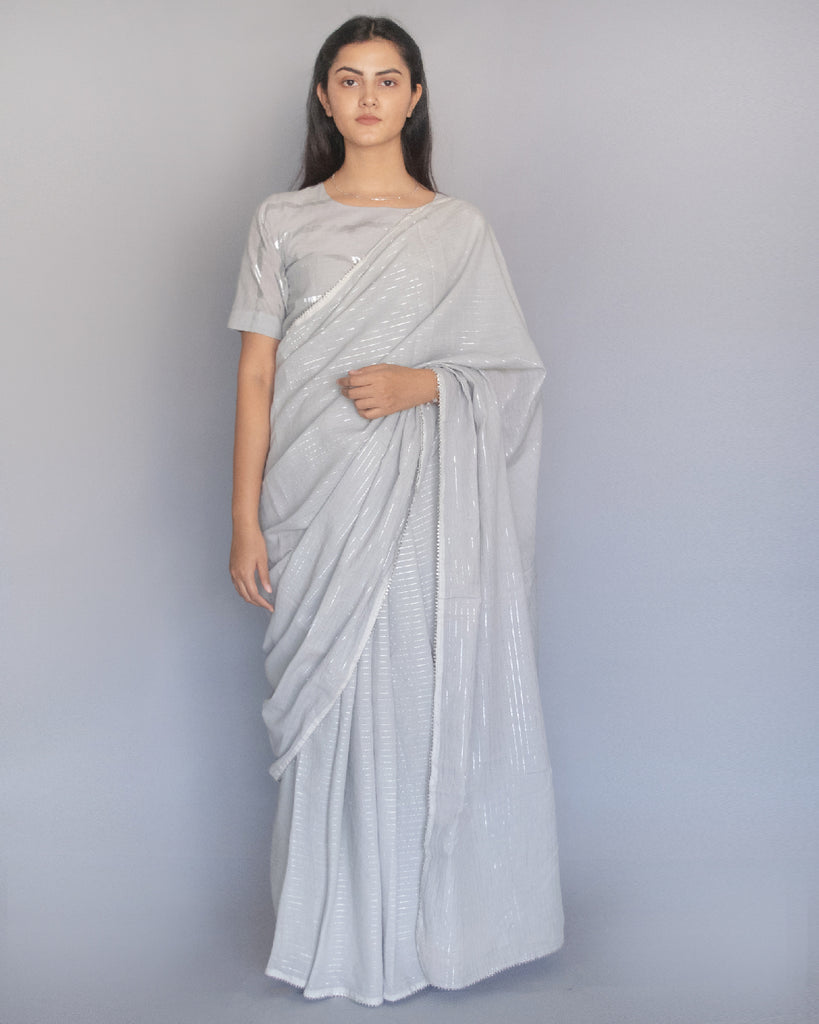 Grey Cotton Zari Saree