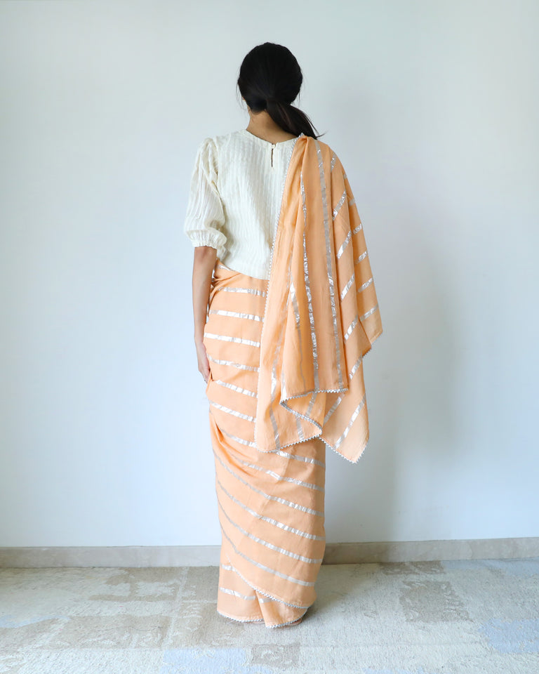 Load image into Gallery viewer, Melon Cotton Stripe Saree