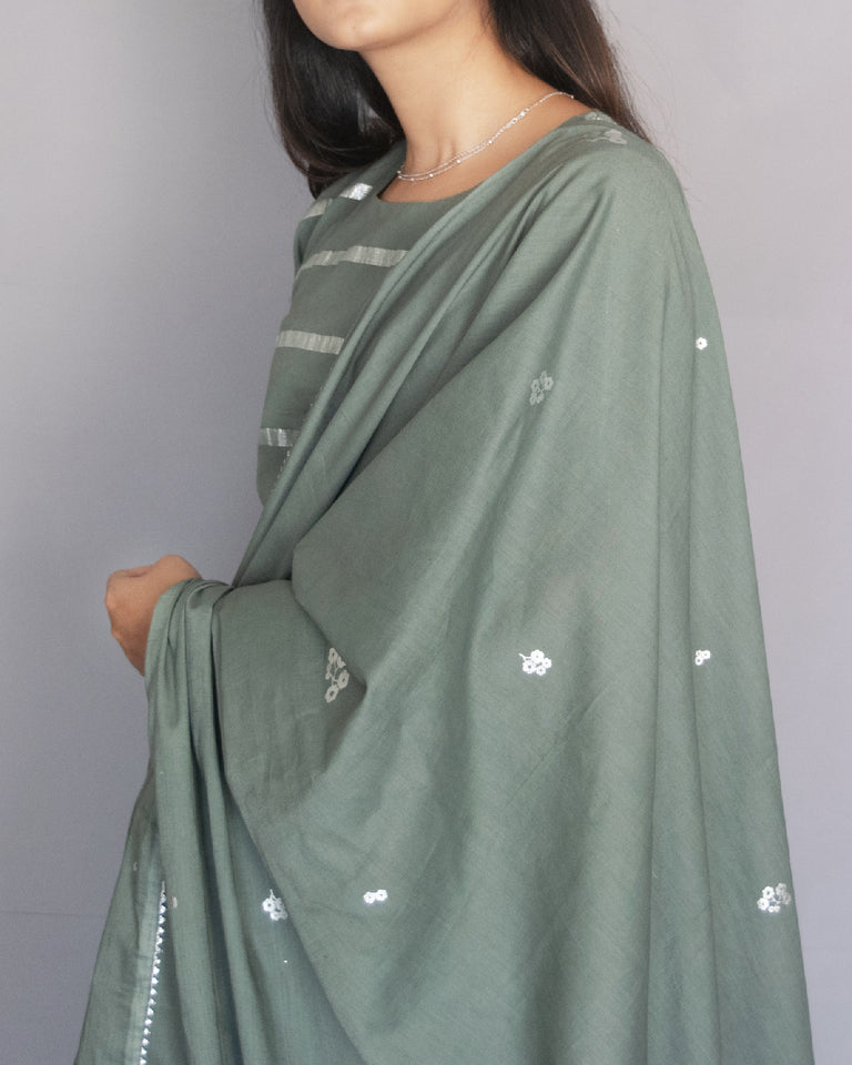 Load image into Gallery viewer, Sage Green Foil Printed Cotton Saree