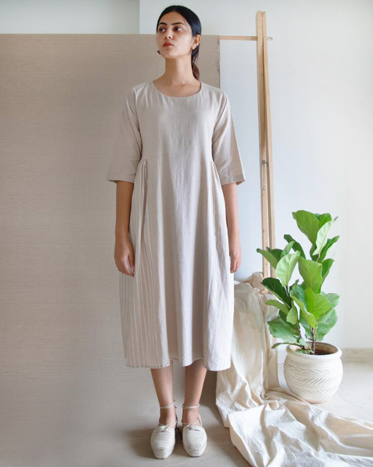 Load image into Gallery viewer, Beige Side Gather Dress