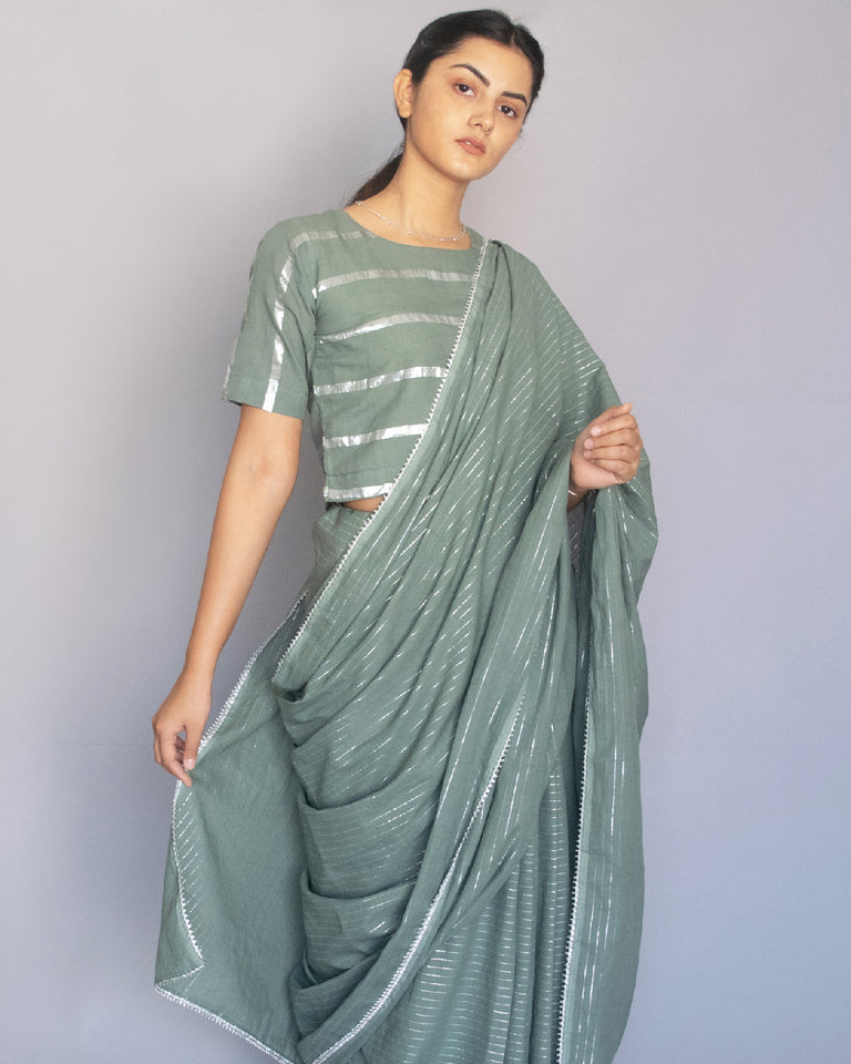 Load image into Gallery viewer, Sage Green Cotton Zari Saree