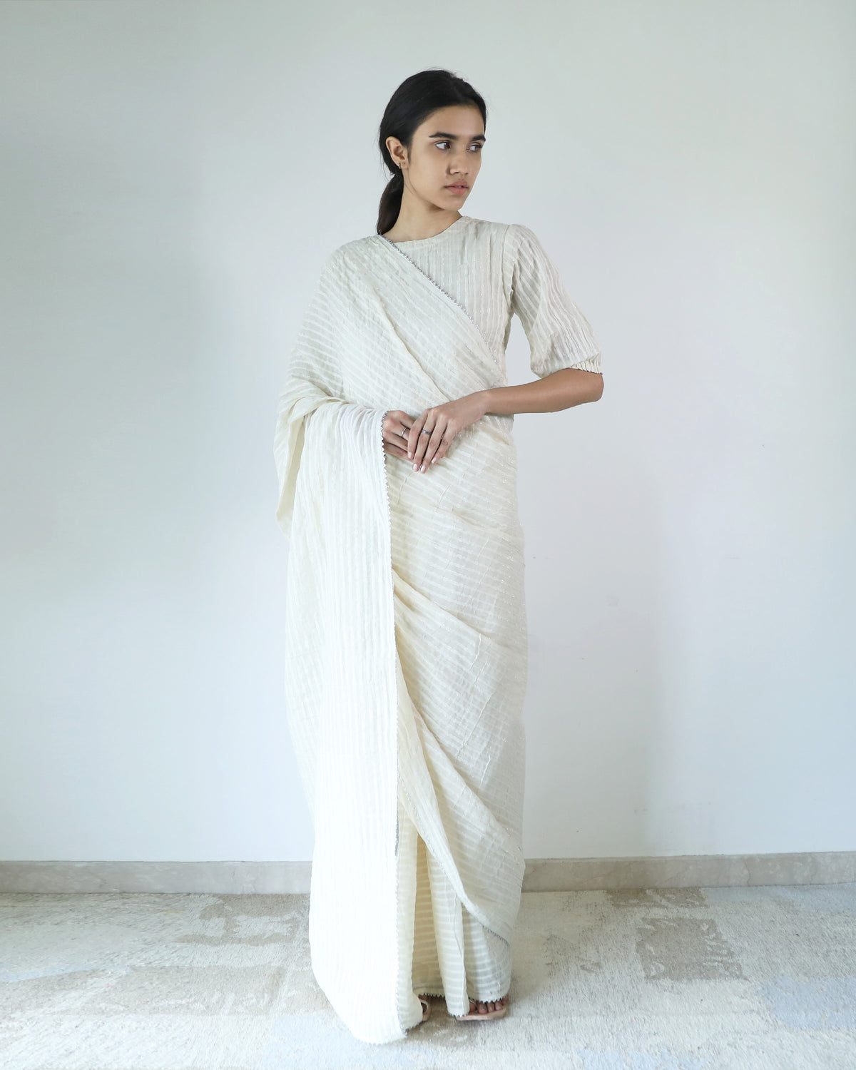 Ivory Cotton Stripe Saree