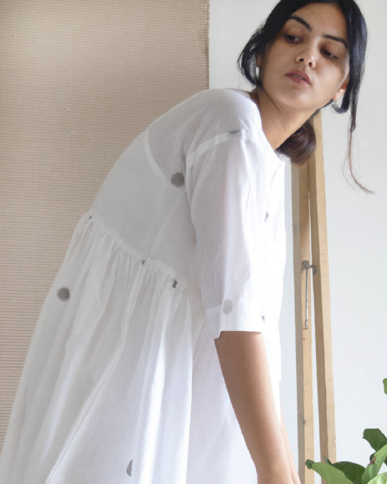 Load image into Gallery viewer, White Polka Drop Shoulder Dress with Free Slip