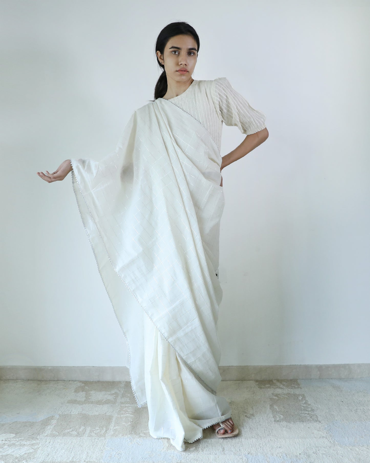 Ivory Cotton Checks Saree