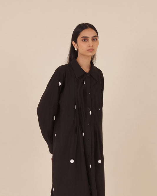 Noir Pintuck Black Polka Dress