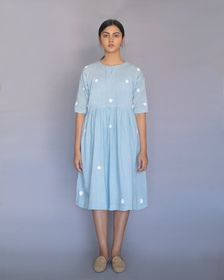 Load image into Gallery viewer, Powder Blue Polka Drop Shoulder Dress