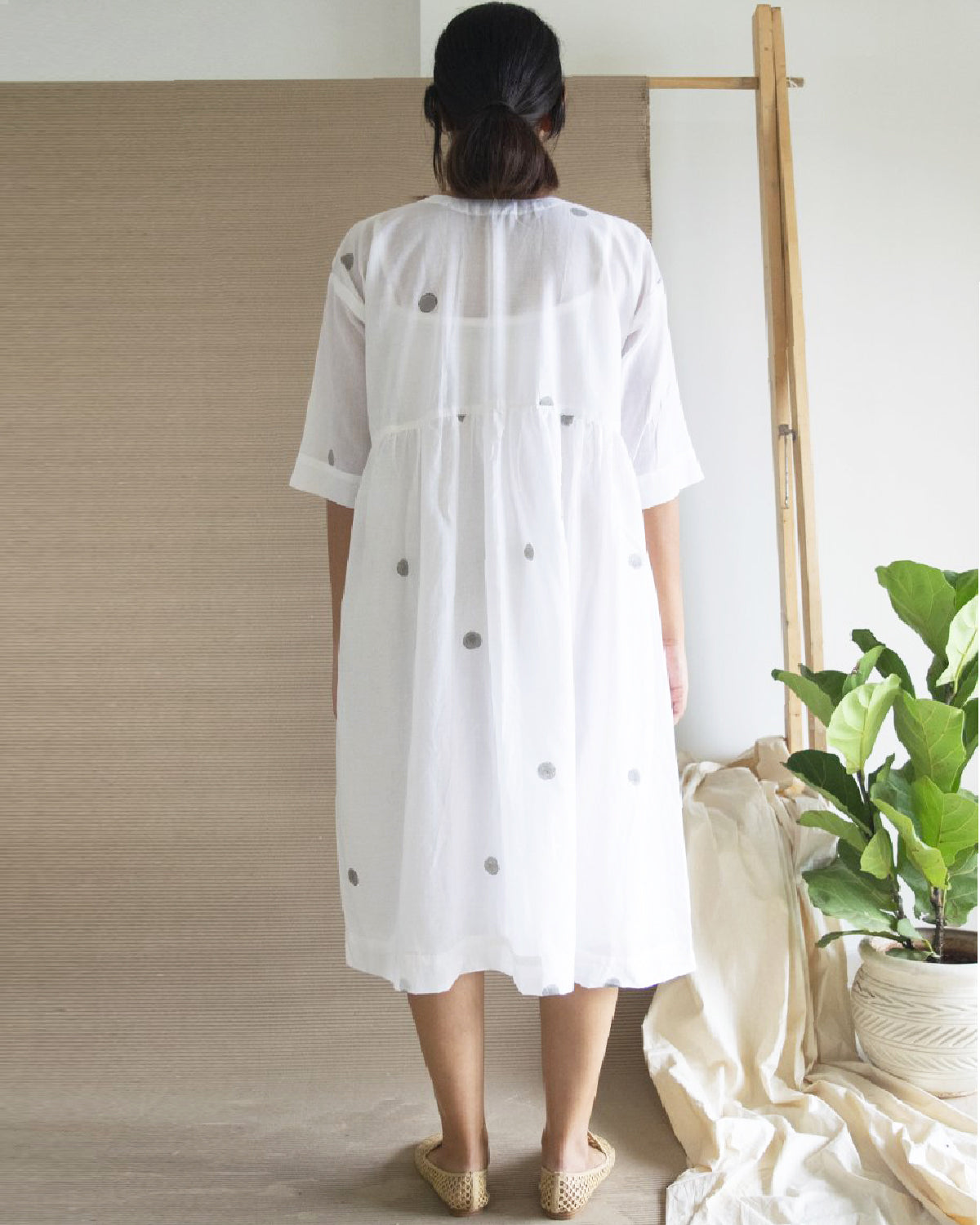 White Polka Drop Shoulder Dress with Free Slip