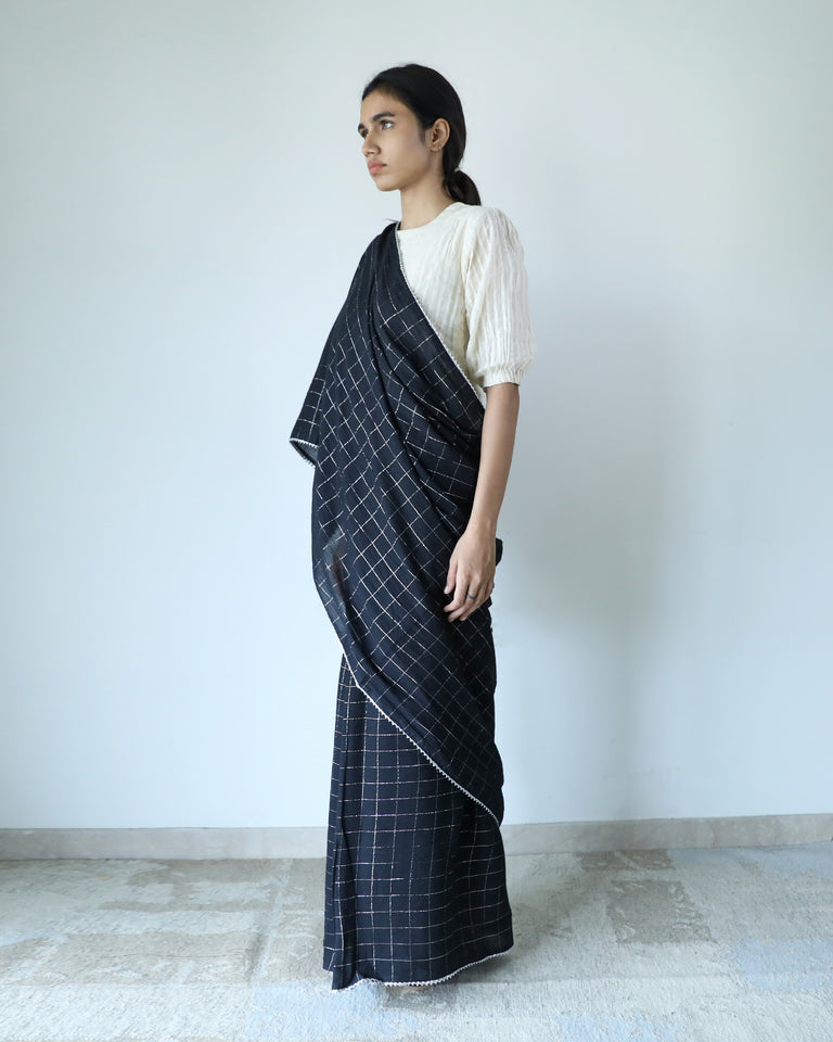 Load image into Gallery viewer, Black Cotton Checkered Saree
