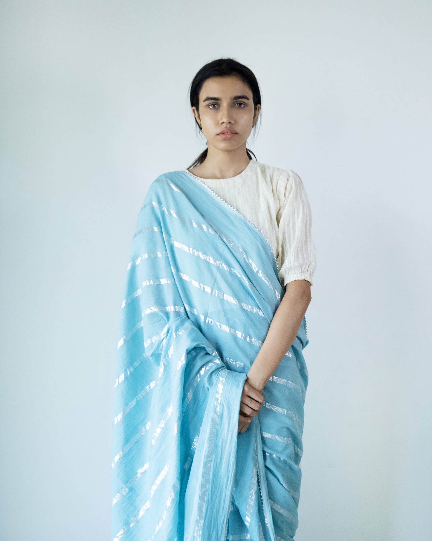 Blue Cotton Zari Stripe Saree
