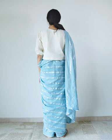 Blue Cotton Zari Stripe Saree