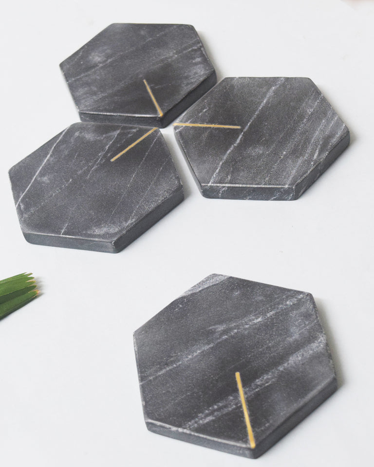 Load image into Gallery viewer, Black Hexagonal Marble Coasters with Brass Inlay - Set of 4