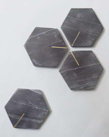 Black Hexagonal Marble Coasters with Brass Inlay - Set of 4