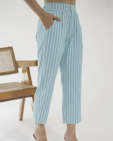 White Tunic And Blue Stripe Pant Set