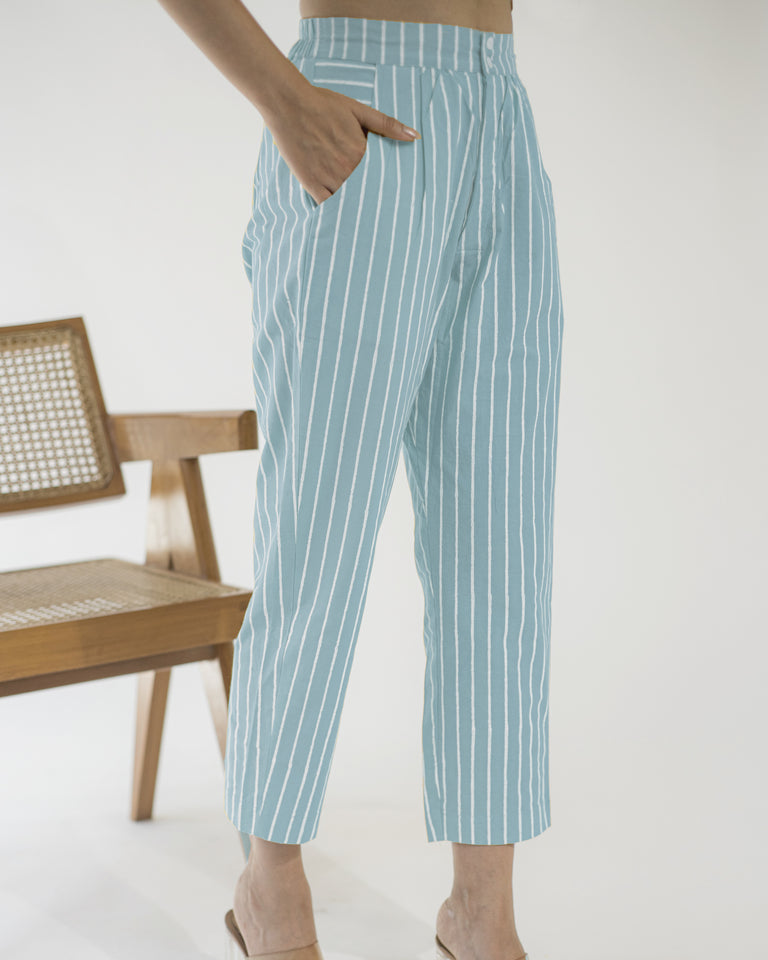 Load image into Gallery viewer, White Tunic And Blue Stripe Pant Set