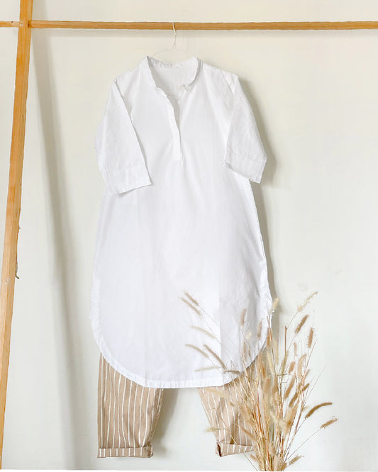 White Tunic And Beige Stripe Pant Set