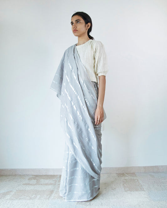 Grey Cotton Stripe Saree