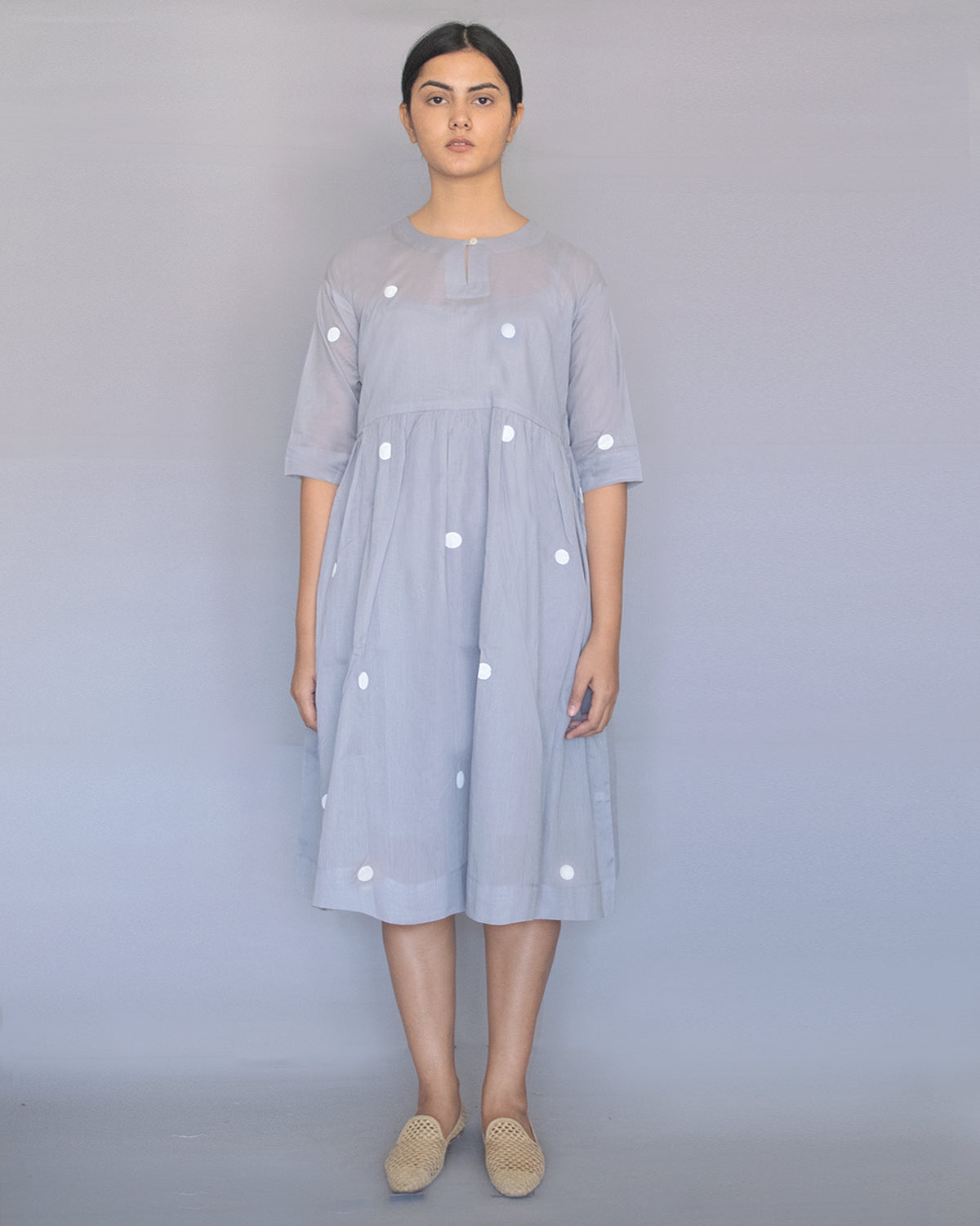 Grey Polka Drop Shoulder Dress with Free Slip