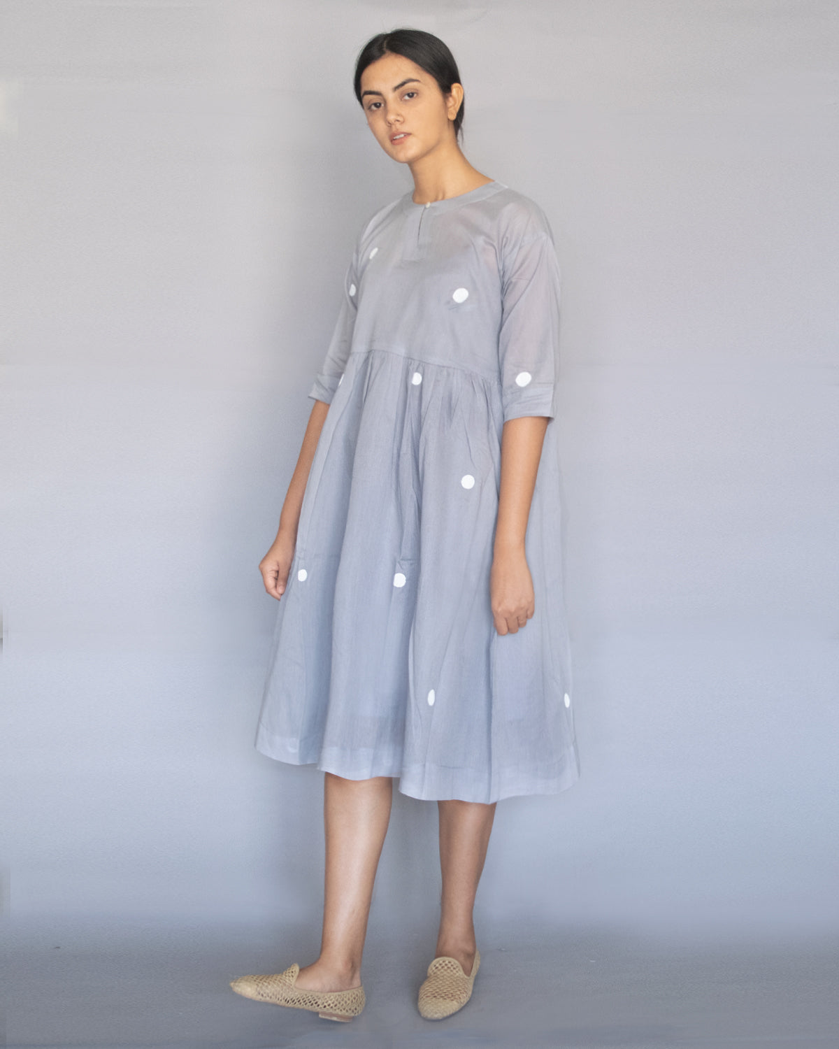 Grey Polka Drop Shoulder Dress with Free Slip