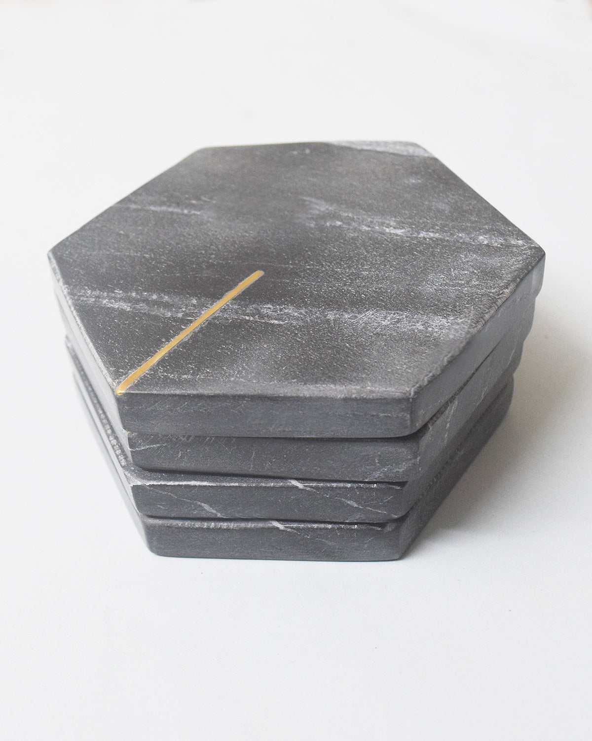 Black Hexagonal Marble Coasters with Brass Inlay - Set of 4
