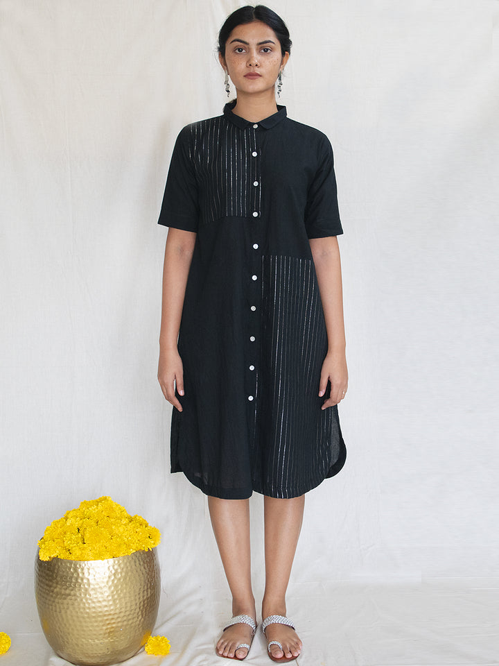 Load image into Gallery viewer, Black Cotton Zari Shirt Dress